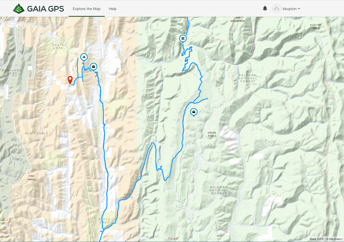 Scouting possible campsites with Gaia GPS.