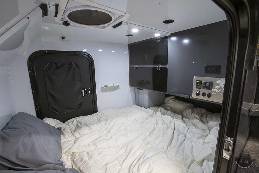 Off Grid Trailers Expedition 2.0 interior.  LED lighting and white walls and ceiling make for a bright interior. 
