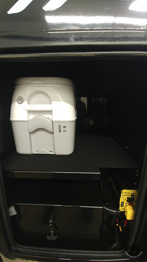 Off Grid Trailers Expedition 2.0 front box storage.  Perfect for holding a portable toilet.